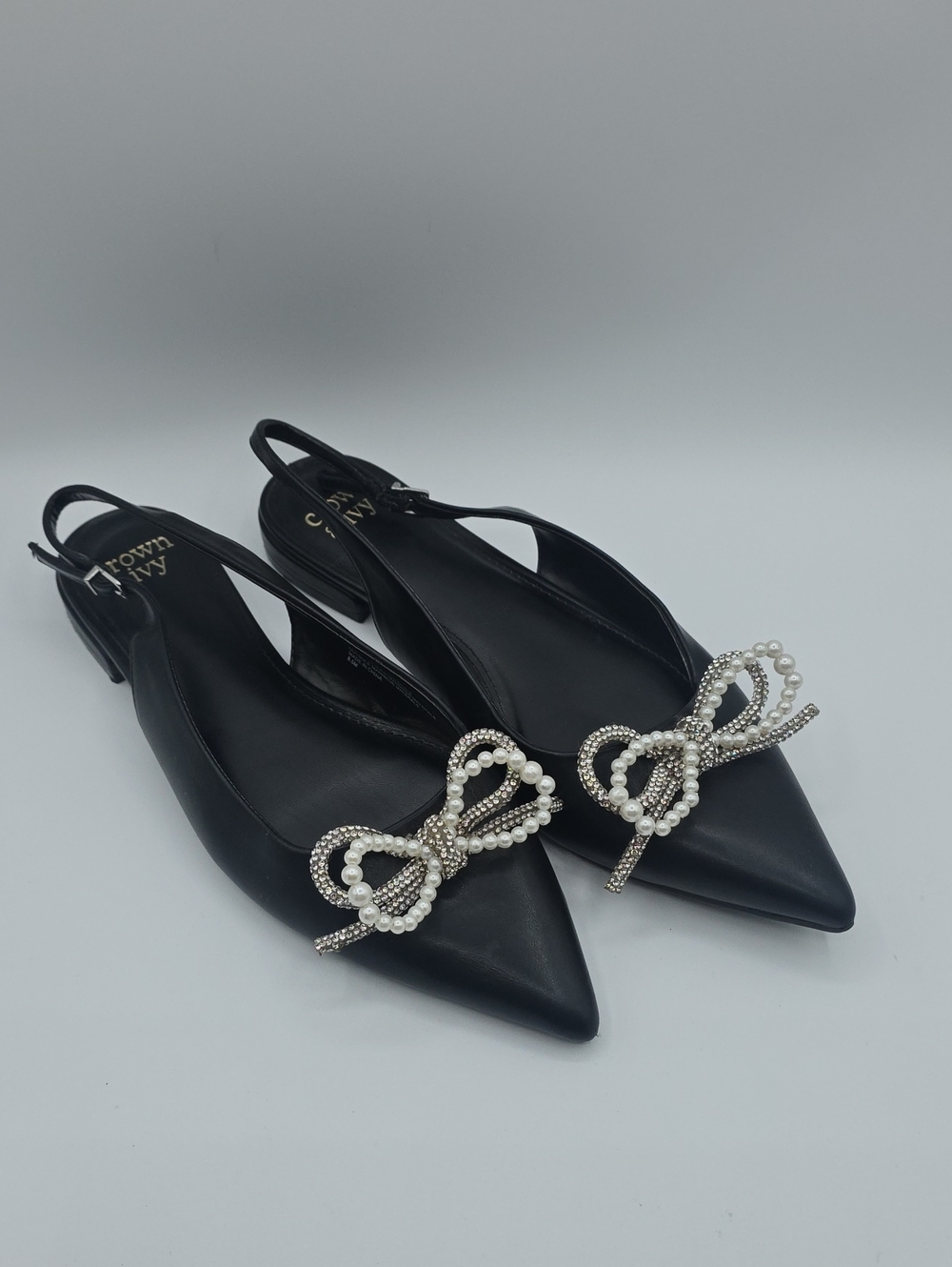 crown & ivy Peyton Black Pointed Slingback Flats with Pearl Bow Accent Size 8.5M